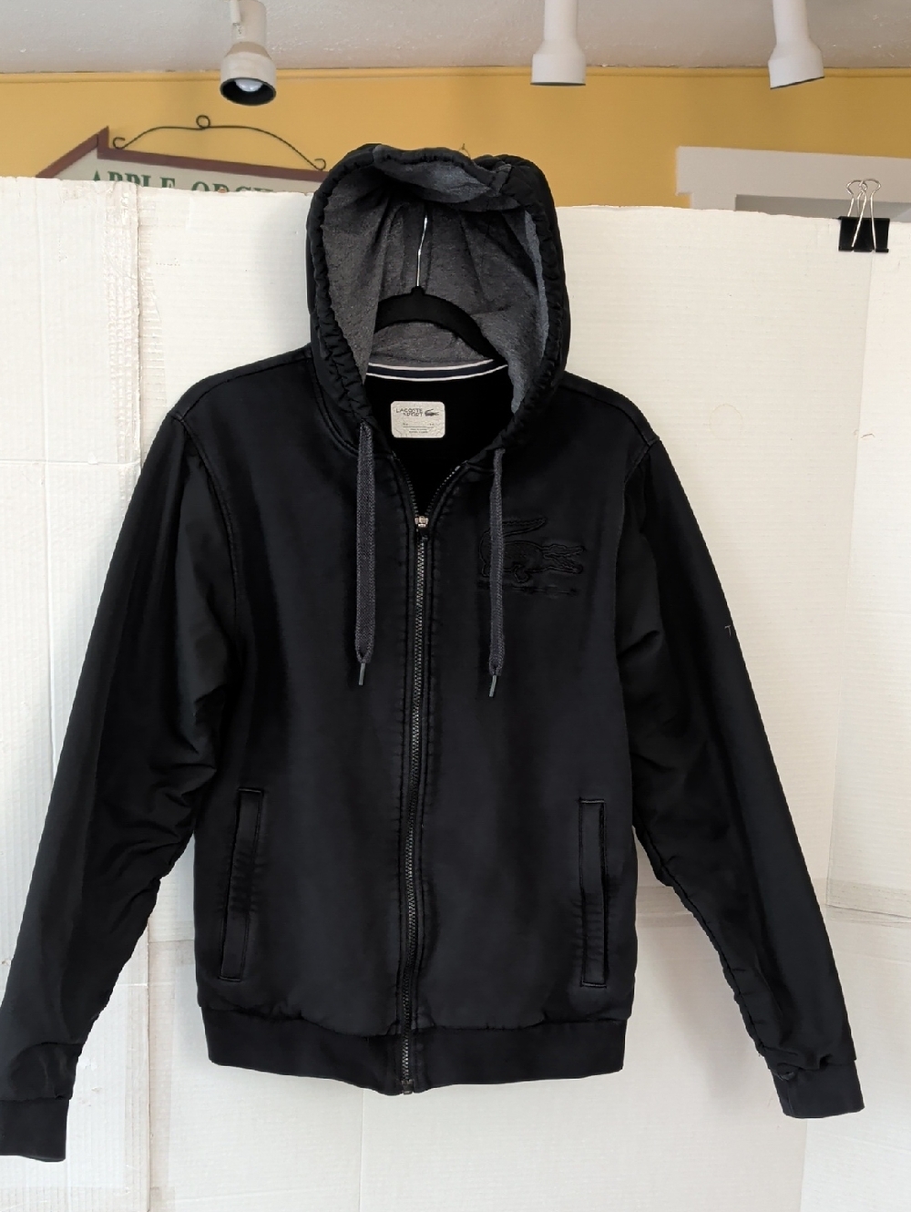 Lacoste Black Jacket with Gray Hood Trim SZ Med Thick Sturdy Unisex 2 Pockets